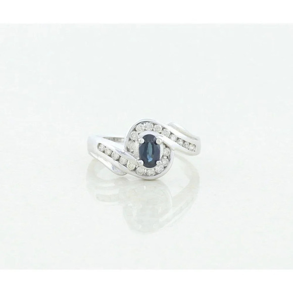 14k White Gold Natural Blue Sapphire and Diamond Ring Size 7 1/4 - Picture 1 of 8